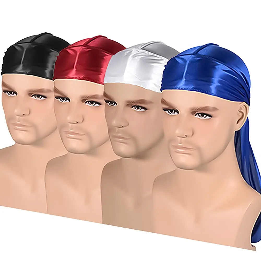 Solid Color Silk Satin Durag Headwear Soft Long Tails Headbands Turban Waves Cap Headwrap Hats Beanie For Men Hair Accessories