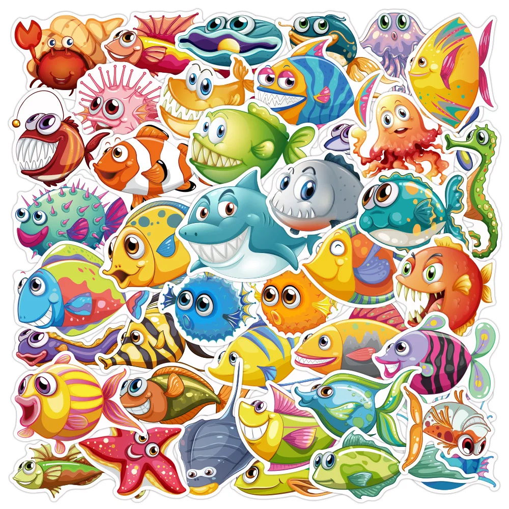 10/20/40PCS Sea Fishes Animal Stickers Ocean World Cute Cartoon Waterproof Laptop Guitar Graffiti Sticker Kids Scrapbook Decals