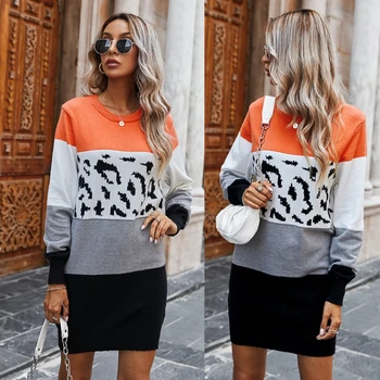 

Women Long Sleeve O-Neck Knit Color Block Leopard Patchwork Loose Sweater Dress