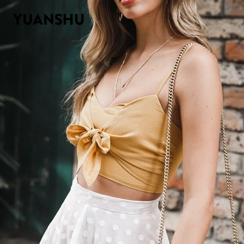 YUANSHU желтый укороченный Топ для женщин с v-образным вырезом и бантом на молнии Блузки с открытой спиной модный сексуальный пляжный топ женская уличная одежда