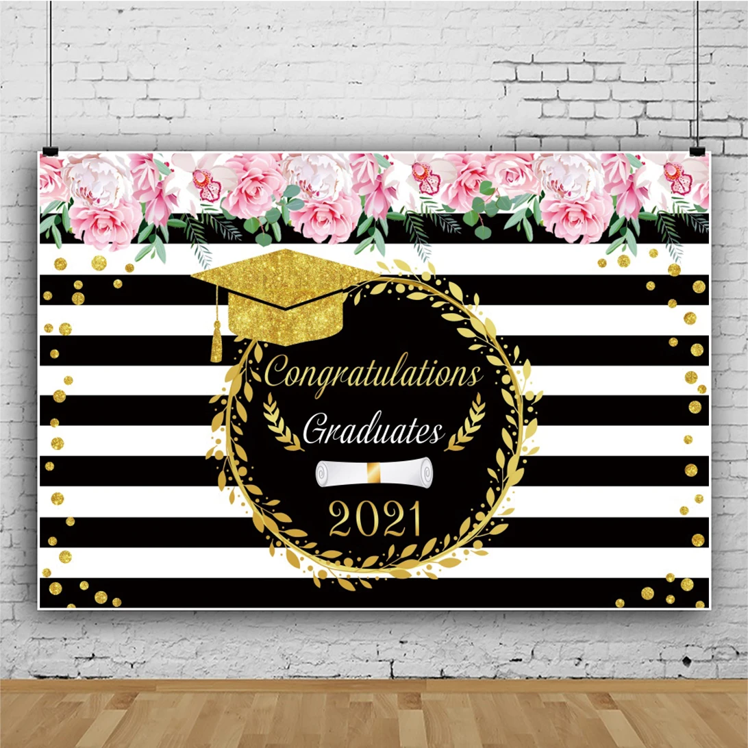 おめでとうございます21卒業パーティーの式典の背景黒白縞模様の花ゴールドドット写真の背景 背景 Aliexpress