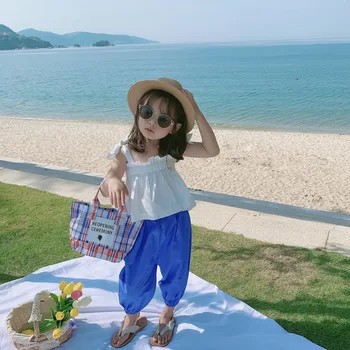 

Summer New Arrival Korean style clothing sets suspender vest with loose long pants fashion suit for cute sweet baby girls