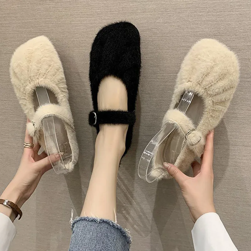 

Square Toe Fur Mary Janes Woman Winter Warm Plush Flats Women Shoes Shallow Velvet Ballerina Buckle Band Furry Moccasins Women