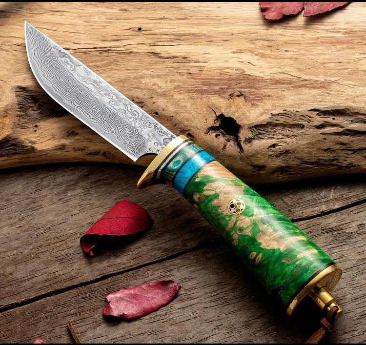 3 styles Fixed Blade Survival Straight Knife VG10 Damascus Steel Blade Solidified wood Handle With Leather Sheath fruit knife