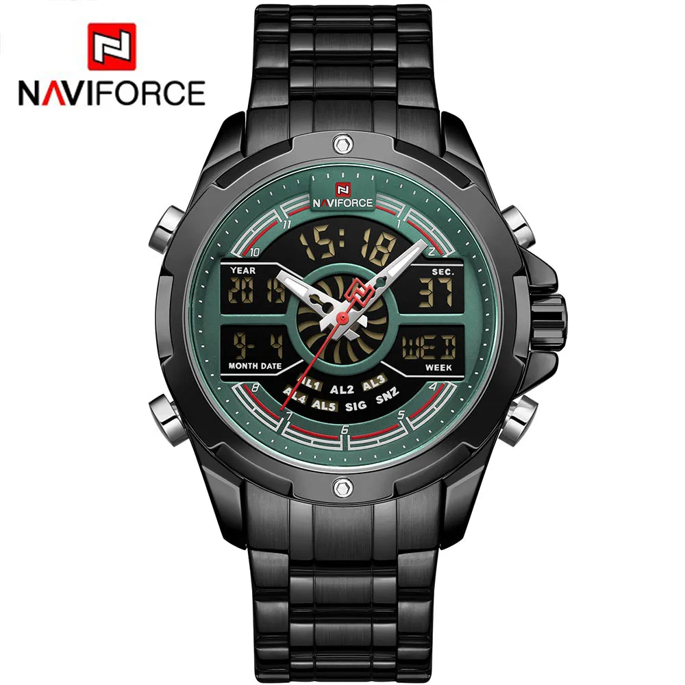 NAVIFORCE мужские часы Топ бренд класса люкс Хронограф Кварцевые Мужские полностью стальные военные часы мужские наручные часы мужские Relogio Masculino - Цвет: Black Rgreen