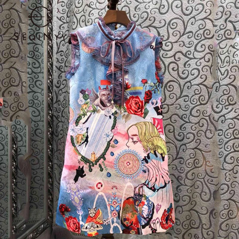

SEQINYY Vest Dress 2020 Summer Spring New Fashion Design Lace Bow Ruffles Flowers Cartoon Print Jacquard Mini Dress Women