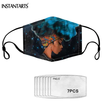 

INSTANTARTS Art African Girls Clolorful Hair Printed Face Cover Masks With 7Pcs PM 2.5 Filters Reusable Mascarillas Women Gilrs