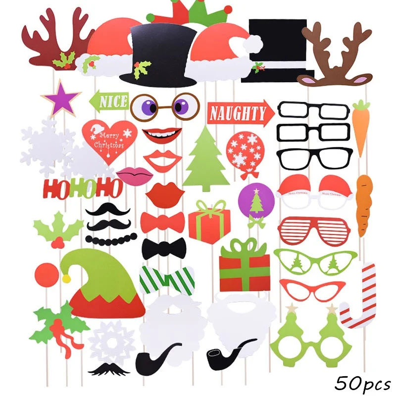1 комплект, Рождественский реквизит для фотостудии, забавная маска с рождеством, фотобудка, Новогоднее украшение для рождественской вечеринки, Navidad - Цвет: 50pcs
