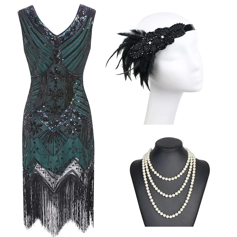Kaufen Pluse Größe 1920s Flapper Kleid Great Gatsby Party Abend Pailletten Perlen Fransen Vintage V Neck frauen Kleider Kleid