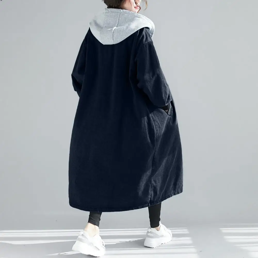 Длинный Тренч джинсовое пальто размера плюс 6XL Женская мода осень зима однотонная с капюшоном элегантная ветровка, длинное пальто