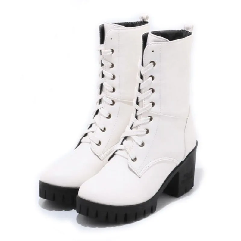 Tuyoki Size 34-43 Women High Heel Boots Lace Up Platform Boots Warm Winter Shoes Thick Heeled Botas Woman Footwear