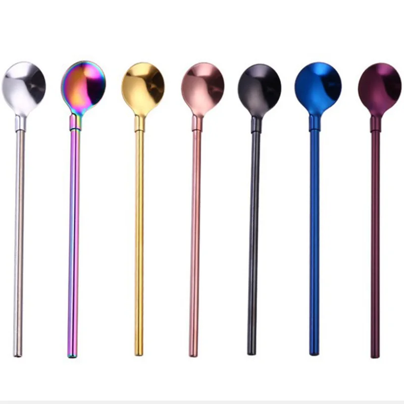 

Metal Straw Environmental Protection 304 Stainless Steel Metal Straw Spoon Long Handle Straw Stirring Spoon Gold-plated Color