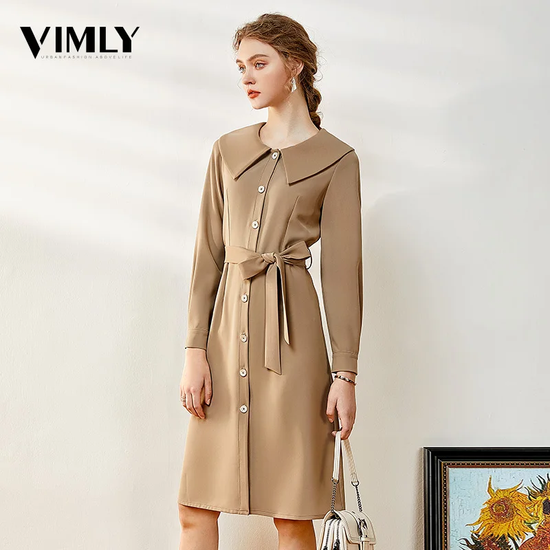 

Vimly Women Spring Elegant Solid Dresses Office Ladies Long Sleeve Peter-pan Collar Dress Female A-line Removable Belt Wear