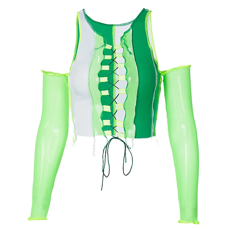 Simenual/хит продаж сексуальный сетчатый лоскутный топ с галстуком спереди женская