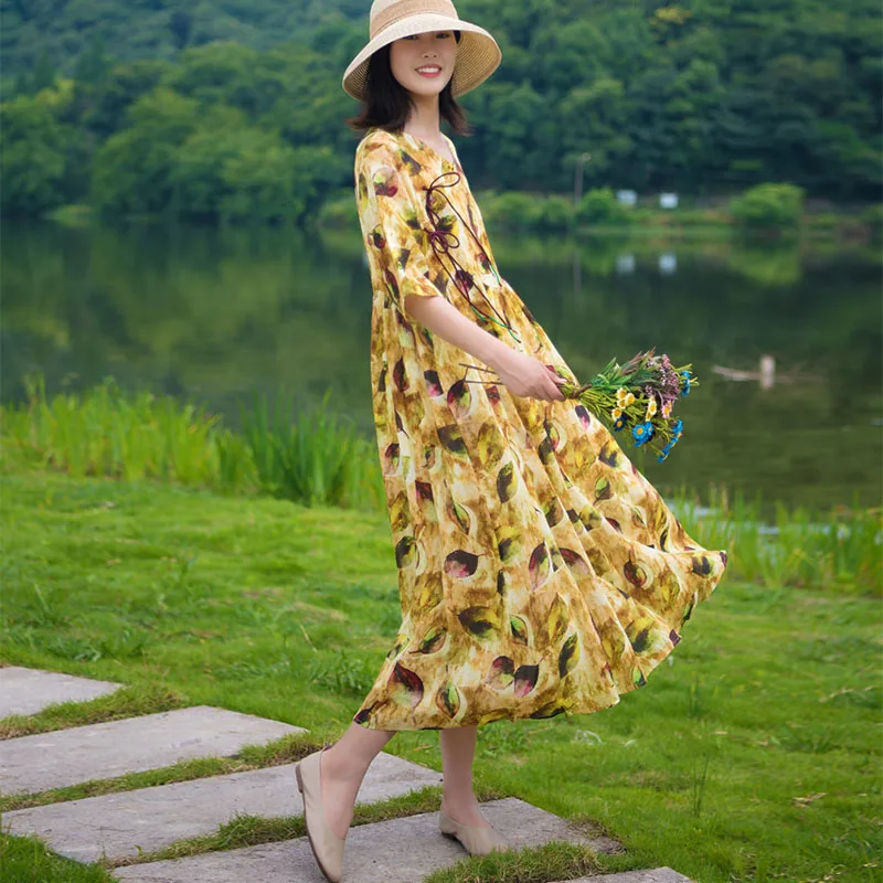 Vestidos женское летнее осеннее платье с винтажным принтом и шнуровкой с коротким рукавом, свободное ТРАПЕЦИЕВИДНОЕ длинное пляжное платье рами
