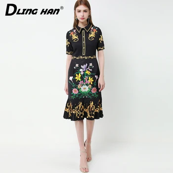 

LINGHAN Designer Women Summer 2020 Vintage Print Short Sleeve Bead Pleated Dress Holiday Dresses Female Vestidos Robe New