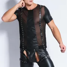Сексуальные мужские футболки из искусственной кожи, сетчатые прозрачные футболки для фитнеса, короткий рукав пэчворк, футболки, вечерние, Клубная одежда, уличная одежда, Tess