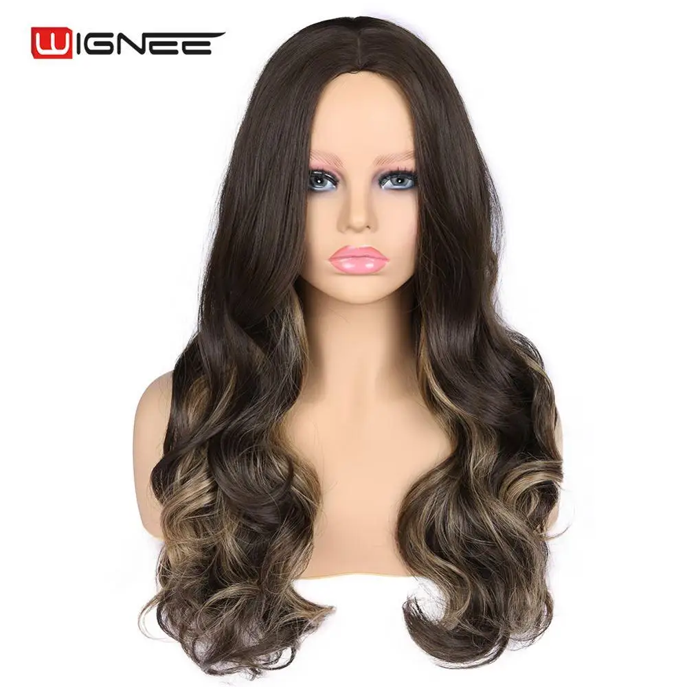 

Wignee 2019 New Arriral Long Wavy Wig For Women Middle Part Hair High Density Temperature Synthetic Wig Hair Scalp Wigs