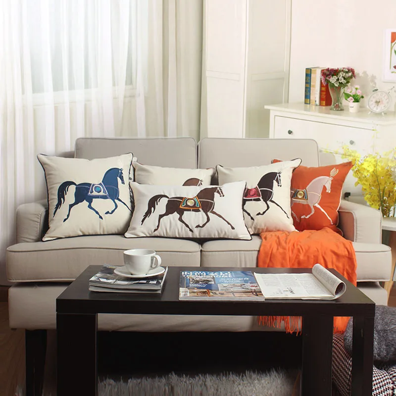 

Modern Cotton Embroidery Horse Luxury Decorative Pillow Case White Canvas Sofa Chair Cushion Cover 45x45cm 1pc/lot
