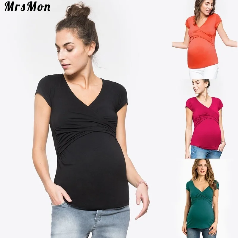 

2020 Explosive Summer Short Sleeve Maternal Wear Deep collar Pure Cross-colored Breastfeeding Suit breast feeding dress nursing
