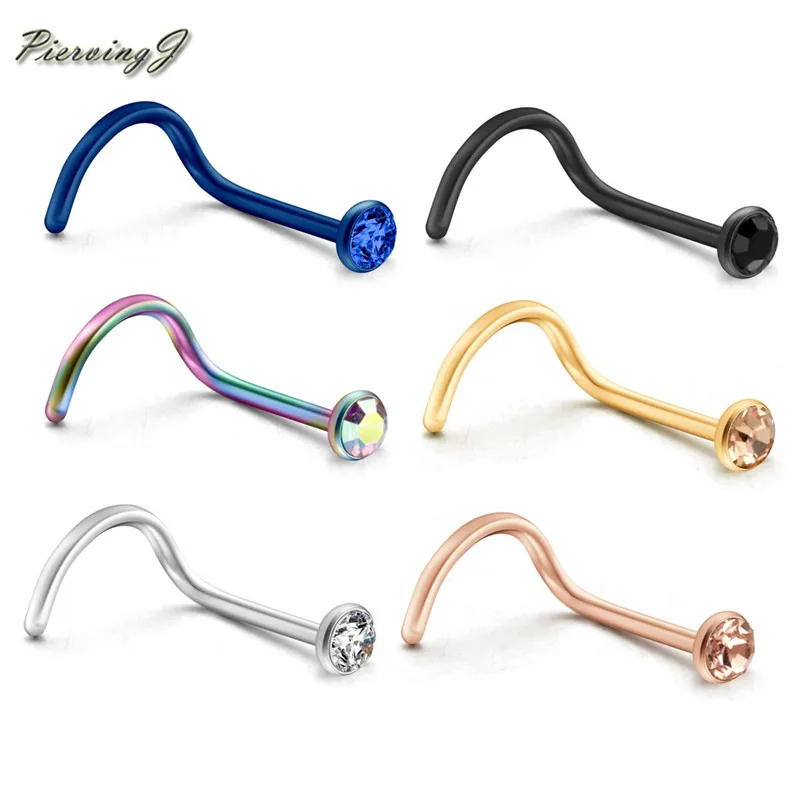 PiercingJ 6pcs Mixed colors Unisex Stainless Steel Nose Ring with Zircon Nose Piercing Jewelry
