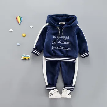

2020 Autumn Winter Baby Girls Boys Clothing Sets Kids Casual Letter Hooded Thicken Velvet T Shirt Children's Sports Suit Clothes