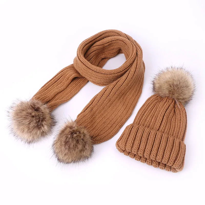 D Winter Warm Scarf Hat Set Children Adult Beanies PomPon Knitted Skullies Hats Pure Colour Autumn Pure Colour Unisex Solid Color - Цвет: D