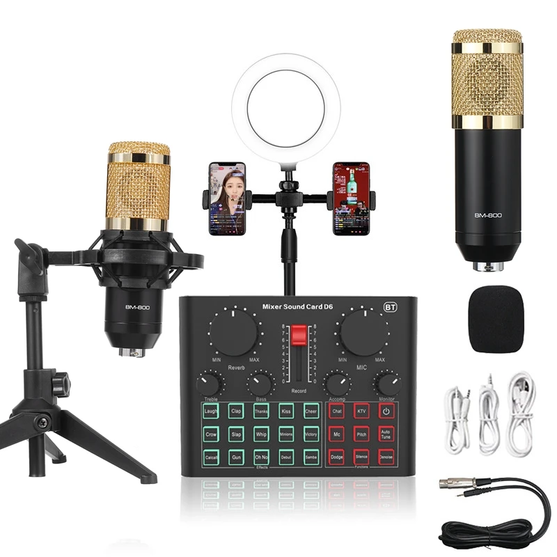 LEORY BM800 Microphone D6 Sound Card Mixer Condenser Led Ring Light Phone live Stream Game Tripod Stand USB BT Professional PC 2