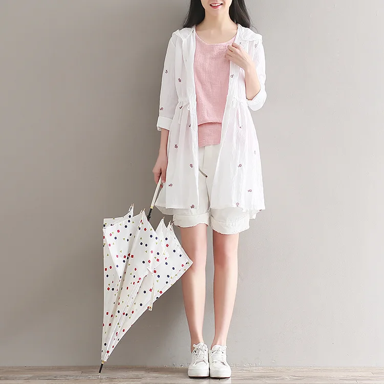 

[Photo Shoot] Literature And Art Hipster Flower Embroidered Hooded Sun Protection Clothing Linen Air Conditioning Clothes 0959 #