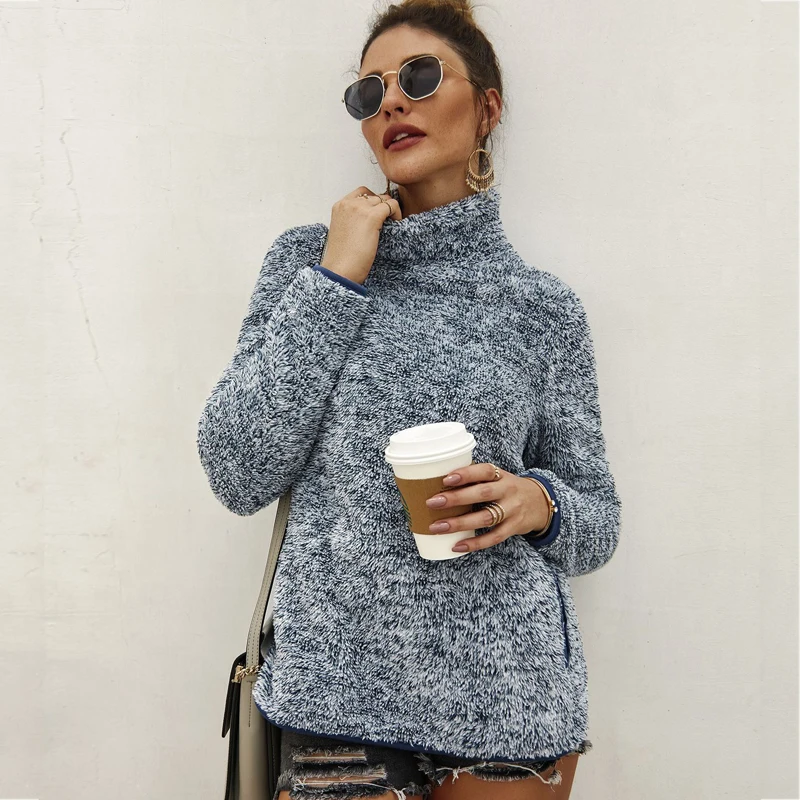 

New 2019 Winter Fluffy Sweater Sherpa Fleece Turtleneck Solid Pullovers Large Pocket Warm Tops Women Fall Casual Fluffy Sweaters