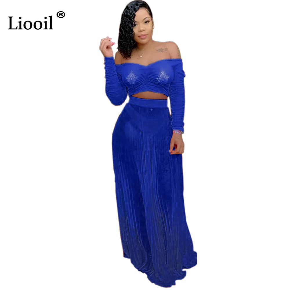 Liooil, сексуальное, прозрачное, Сетчатое, комплект из двух частей, свободное, плиссированное, макси платье, женская одежда для клуба, с открытыми плечами, с длинным рукавом, с рюшами, платье для ночного клуба