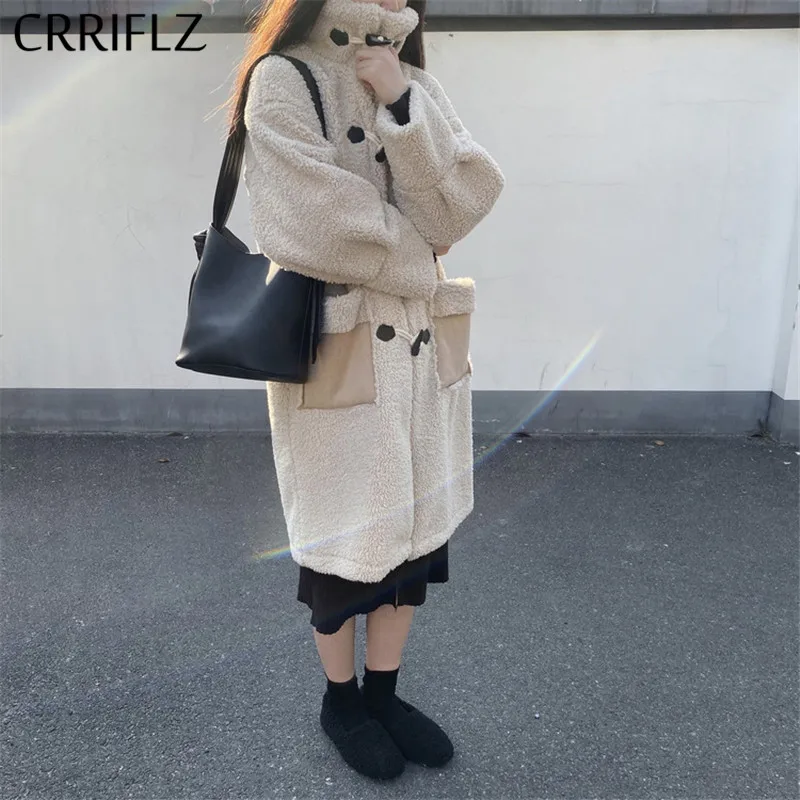 CRRIFLZ новое пальто из искусственного меха, длинное пальто из овечьей шерсти с воротником-стойкой, модное зимнее пальто, Новая женская мягкая куртка с роговыми пряжками, верхняя одежда с карманами