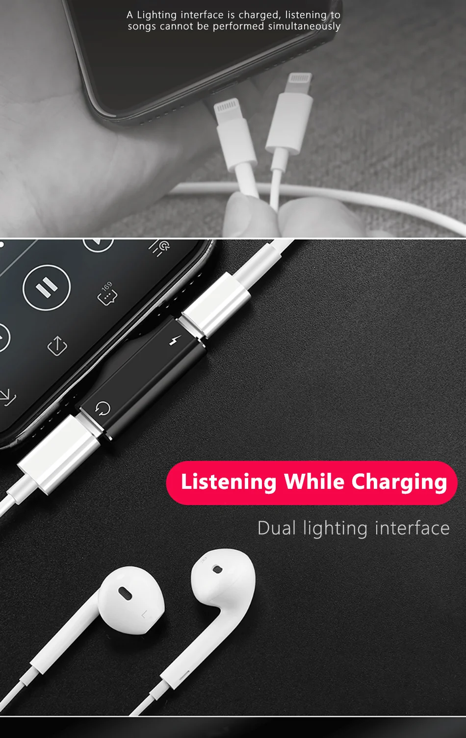 !ACCEZZ 2 in 1 For iphone X 8 7 Plus 10 Charger Heaphone Adapter AUX Splitter Audio Cable 1.2M For iphone XS MAX XR USB Adaptor (2)