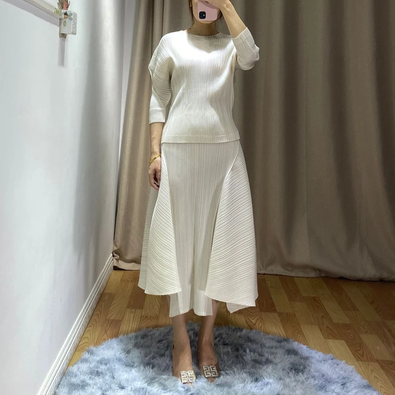 Весенняя Новинка MIYAKE плиссированная Однотонная юбка асимметричная Высокая талия тонкий профиль большой маятник длинная юбка