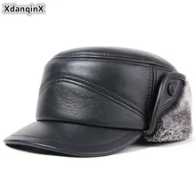 XdanqinX шапка из воловьей кожи зимне наушники шапка мужская зимняя теплая армейские кепки настоящая шляпа из натуральной кожи пожилых брендов Мужская плоская кепка s