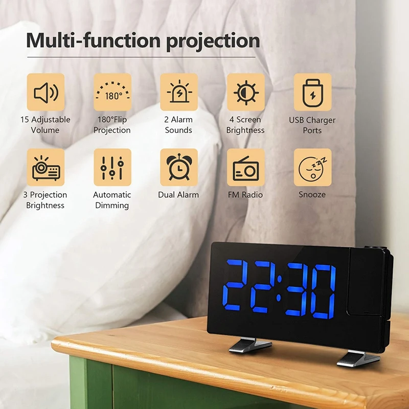 Projection Alarm Clock, 7 inch LED Curved-Screen Large Digital Display, Adjust Brightness Automatically, 12/24 Hour,Dual Alarm C
