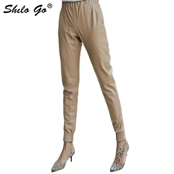 

Genuine Leather Pants Minimalist Elastic Waist Solid Harem Pants Women Office Lady Workwear High Waist Sheepskin Trousers