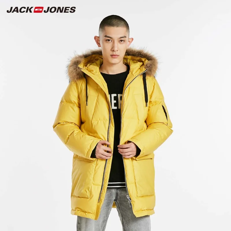 Active Yellow JackJones зимний мужской длинный пуховик с капюшоном и меховым воротником, теплое пальто, мужская одежда 218412543 - Цвет: Active Yellow