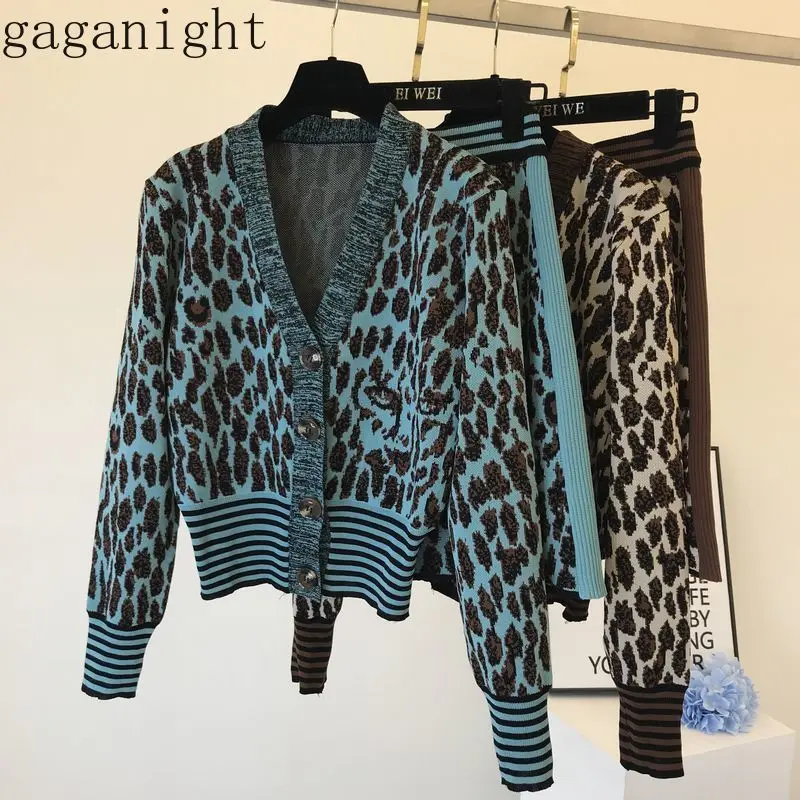 

Gaganight Autumn Winter Fashion Women Two Pieces Set Leopard Single Breasted V Neck Cardigan Bodycon Mini Skirt 2 Piece Outfits