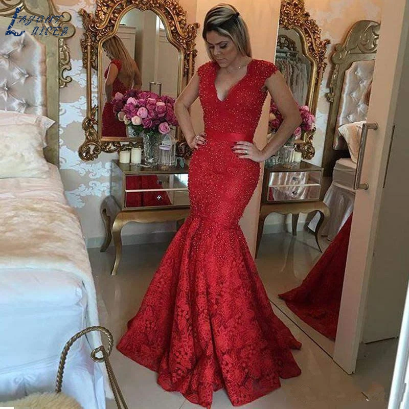 Красное сексуальное прозрачное кружевное вечернее платье из жемчуга Vestido Vermelho Longo с v-образным вырезом и бантом из ленты, арабское выпускное платье