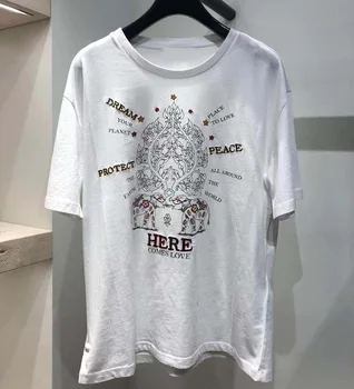 

2020 Spring and Summer New Elephant Printed Embroidered Short Sleeve T-shirt Women's casual white cotton T-shirt