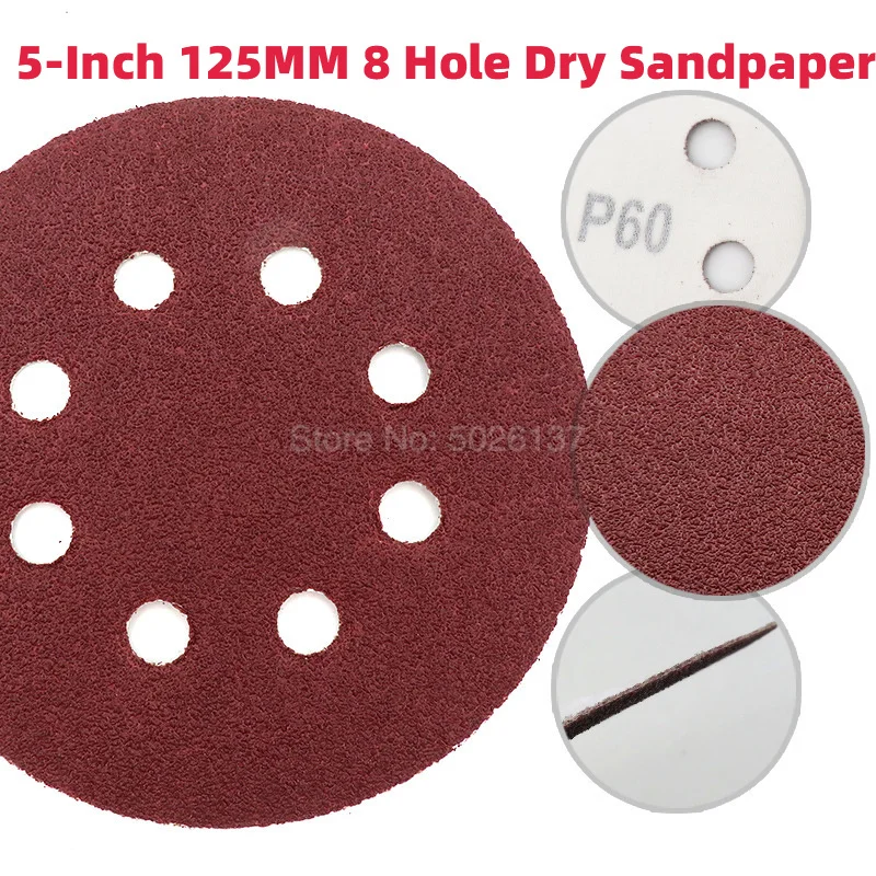 

1Pcs 5-Inch 125MM 8 Hole Red Sand Dry Grinding Disc Sandpaper Hook Loop Abrasive Paper Sanding Available Polishing Pads Round