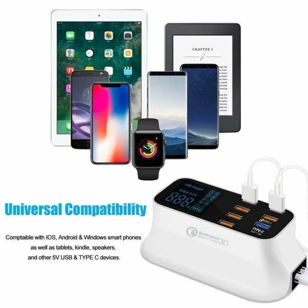 Suitable for Smart Phone Tablet PC 8-port Charger with LCD Display QC3.0 Mobile Phone Fast Charging USB Portable Charger Power