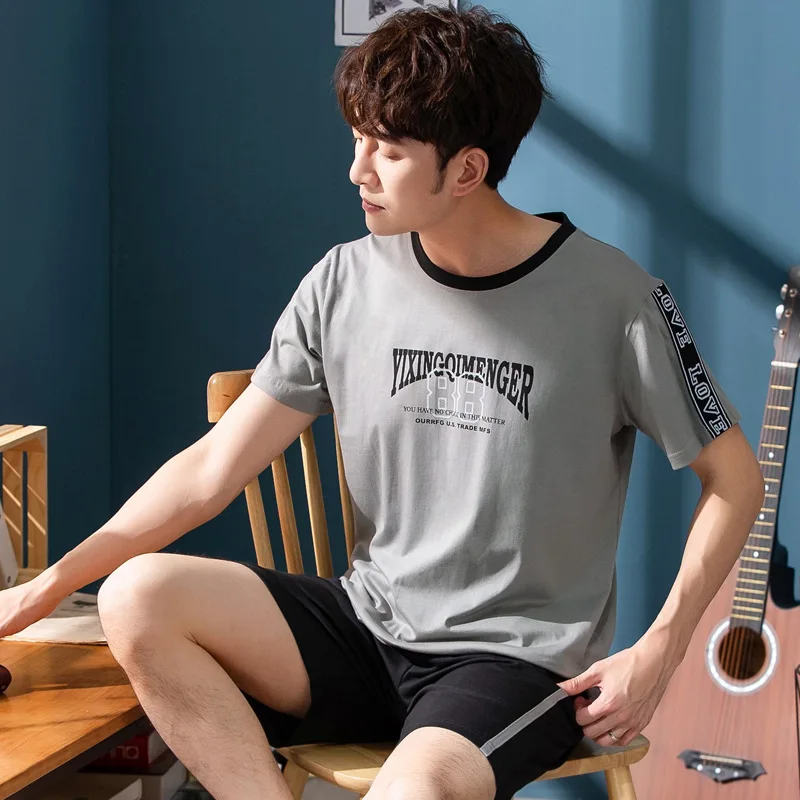 

2020 Short Sleeve Men Pajamas Knitted Cotton Casual Sports Home Wear Shorts Printed Set Multi--Multi-color Selectable