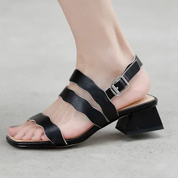

Fashion Square Heels Rome Women Sandals White Genuine Leather Buckle Summer Party Office Shoes Woman