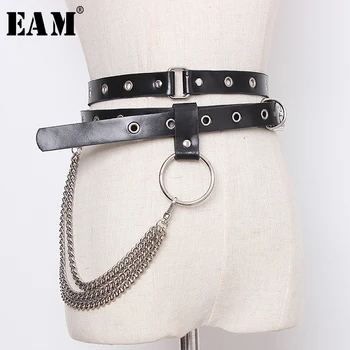 

[EAM] Pu Leather Black Buckle Chain Split Long Wide Belt Personality Women New Fashion Tide All-match Spring 2020 1N941