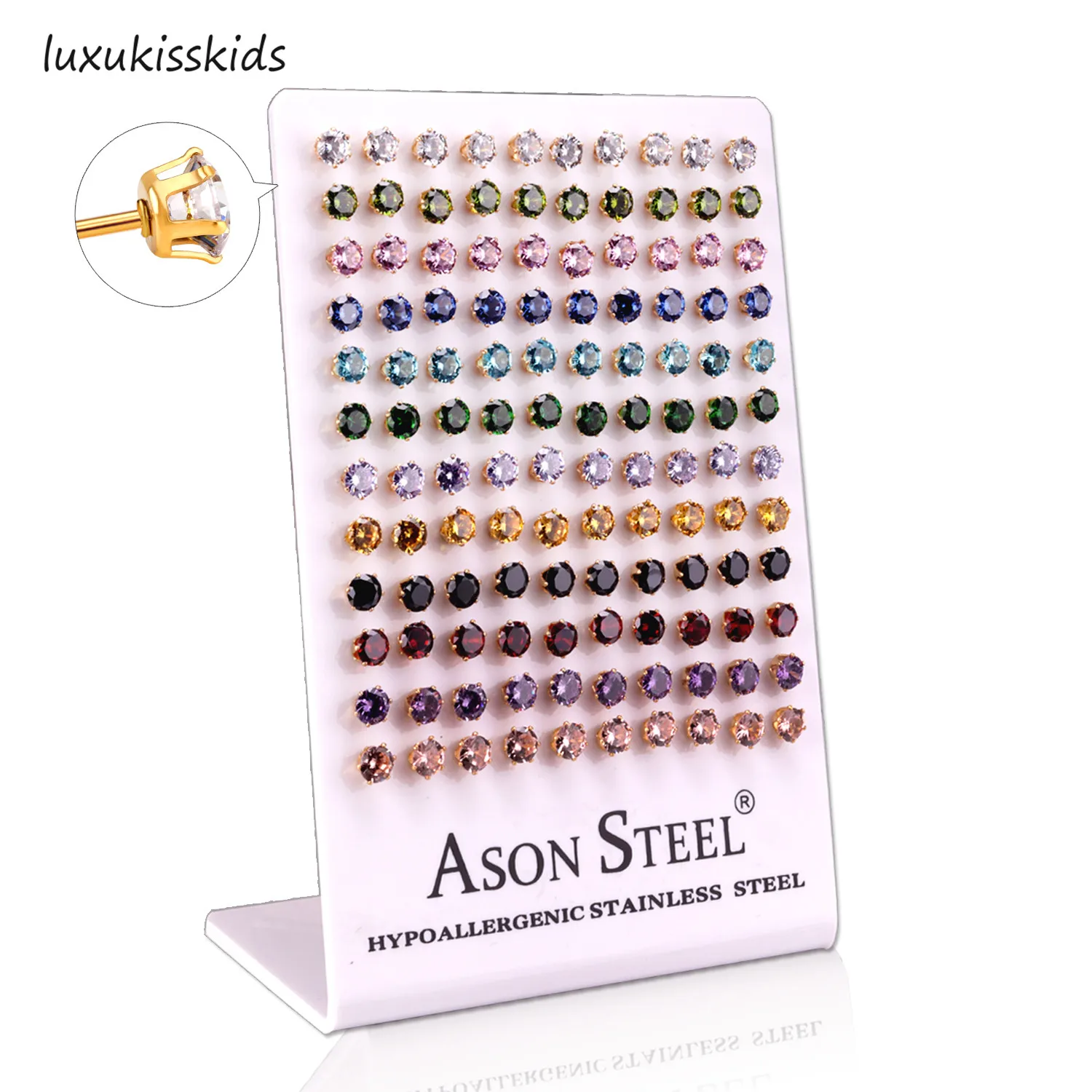 

LUXUKISSKIDS 60paris/lot Round Zircon Small Stud Earrings Set Stainless Steel Screw Plug Earring For Women Kids Girl Men