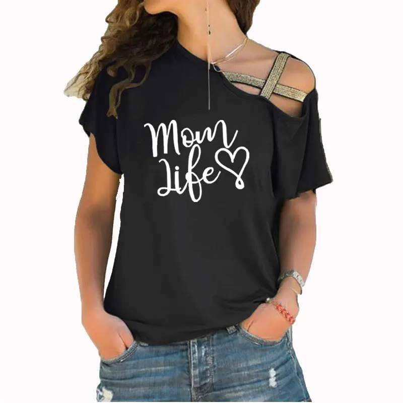 

mom life heart Letters print 2020 Summer New Cotton Woman Irregular Skew Cross Bandage Short Sleeve Tshirt