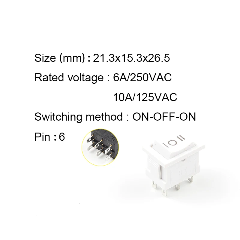 5 PCS/lot KCD2 6PIN 21X15mm DPDT Black White Push Button rocker Switch ON-OFF-ON ON-ON Boat power Rocker switch 6A/250V 10A/125V