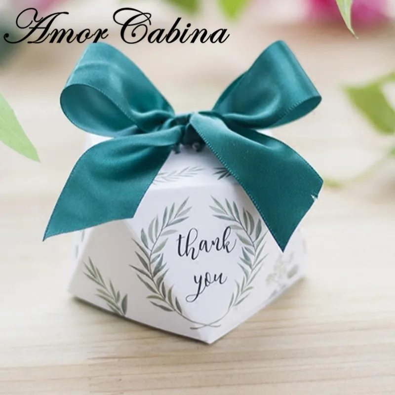 

European diamond shape green leaf forest style candy box romantic wedding gift party supplies thank you gift box